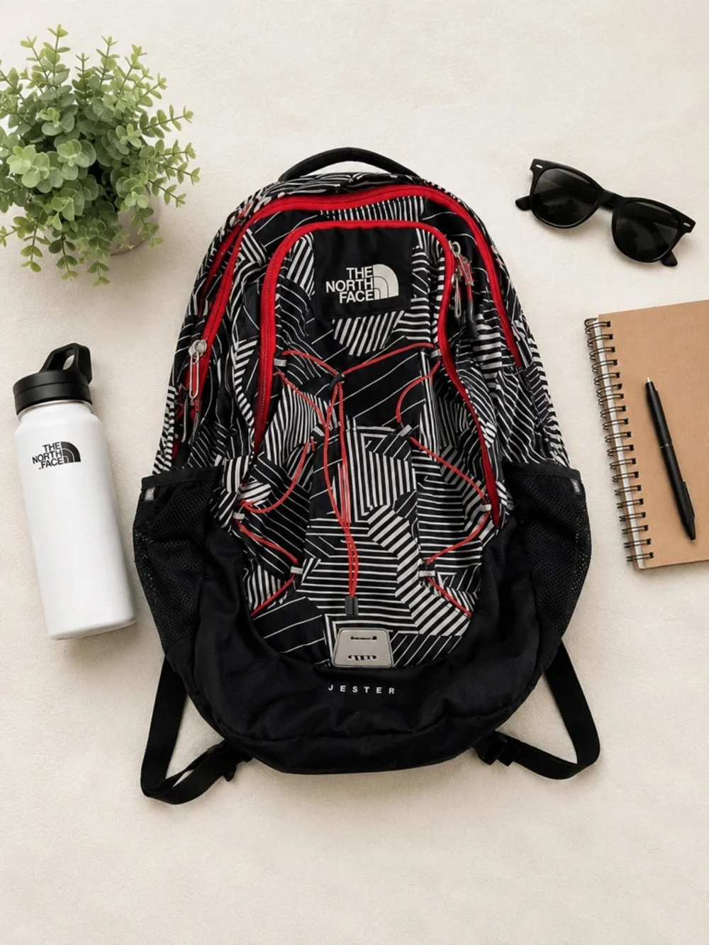 The North Face Jester Backpack Black White Pattern Red Trim